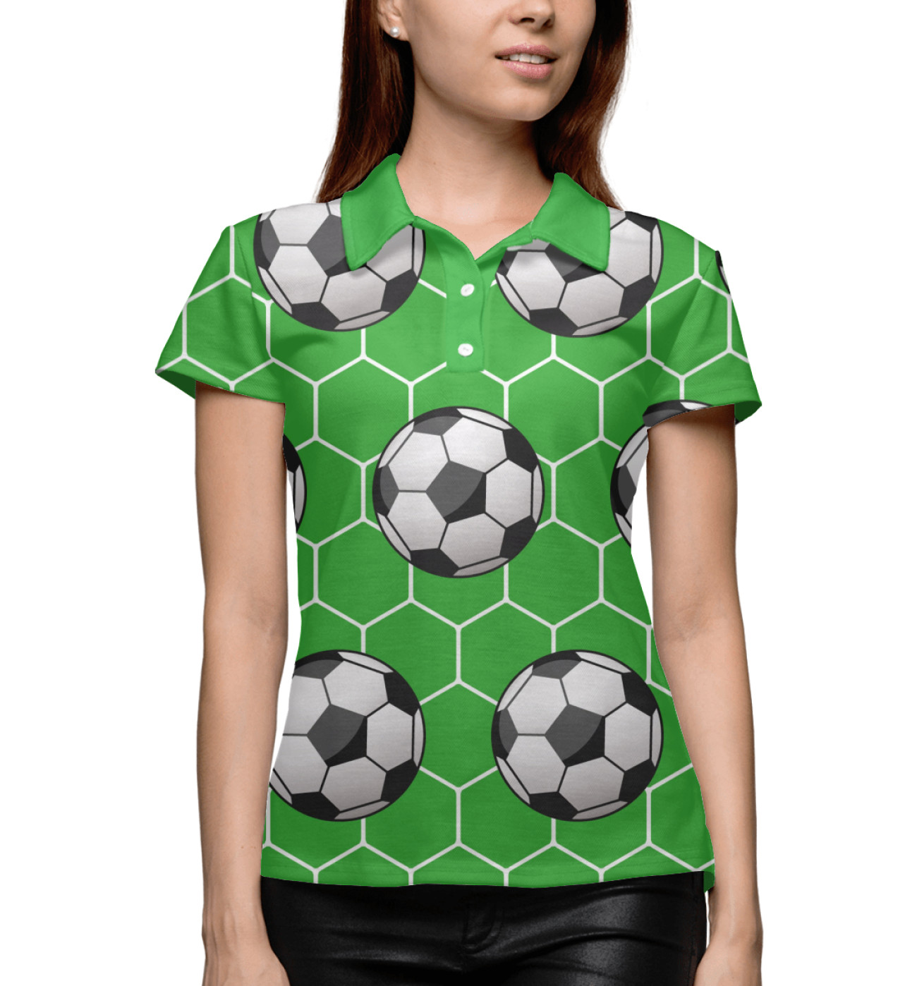 Женское Поло Футбольные мячи на зеленом фоне, артикул: FTO-419156-pol-1